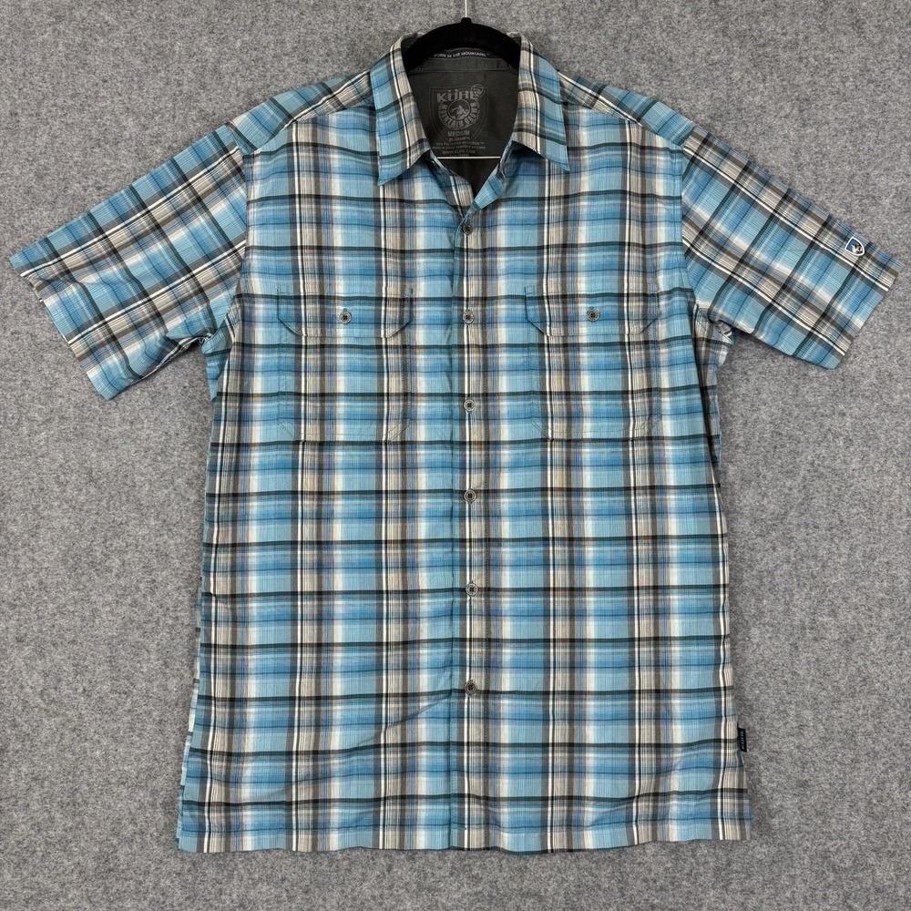Kuhl Eluxur Short Sleeve Button Up Shirt Lightweight Blue Plaid Men's Medium